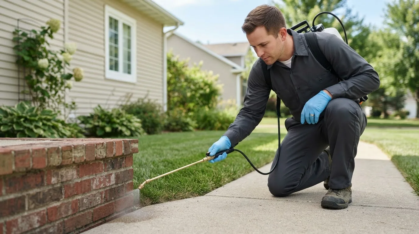 Pest control technician treating a home near Lake, WV